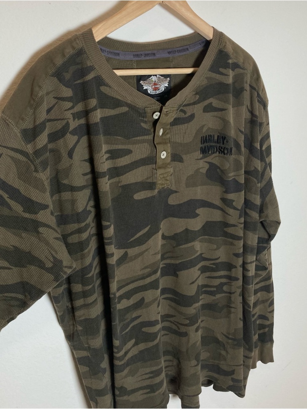 Harley Davidson Shirt Mens 2XL Green Camo Henley Waffle Knit Thermal Military